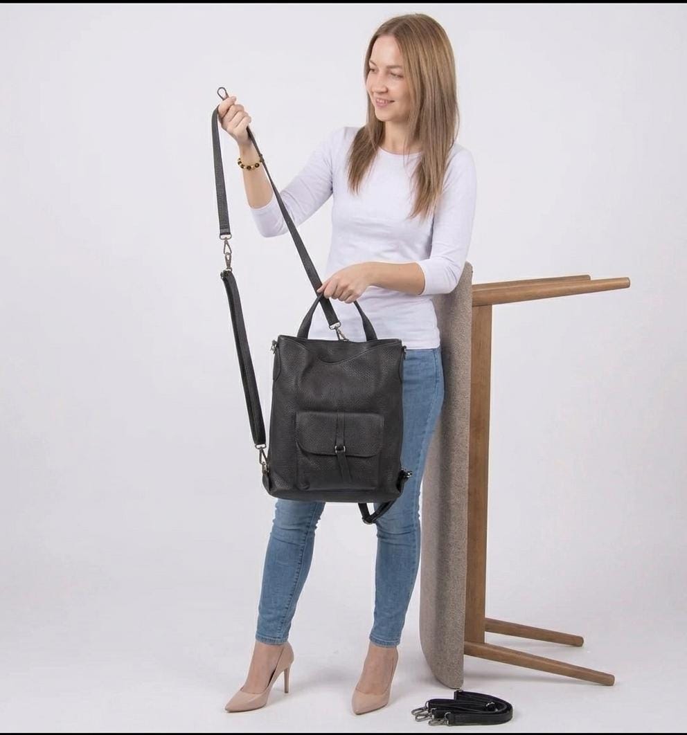Convertible Black Leather Backpack Purse, Genuine Tote Bag