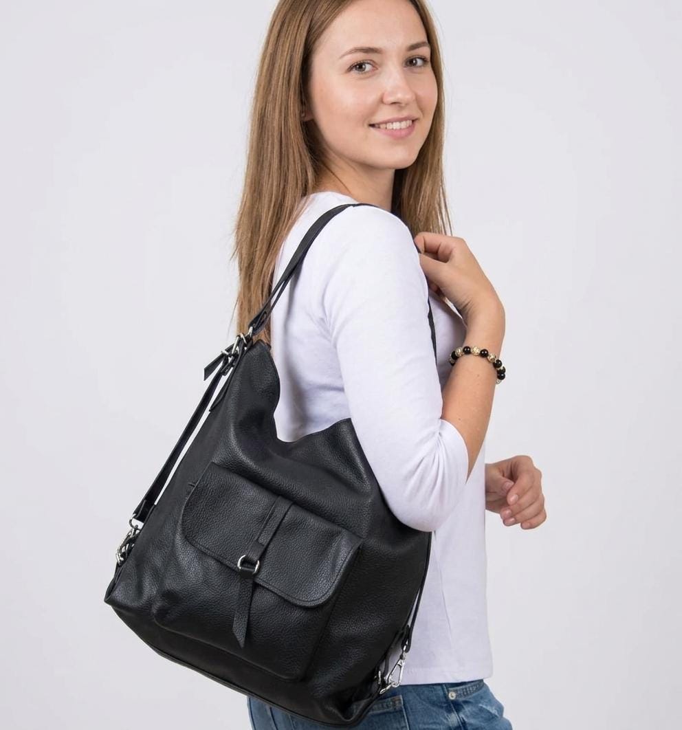 Convertible Black Leather Backpack Purse, Genuine Tote Bag