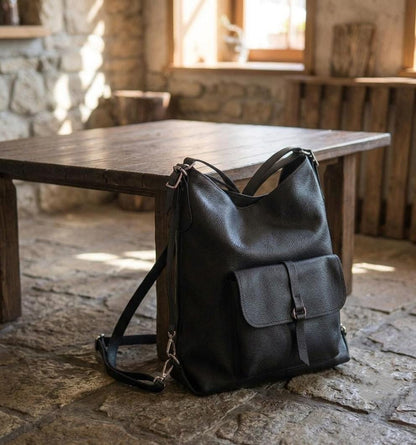 Convertible Black Leather Backpack Purse, Genuine Tote Bag