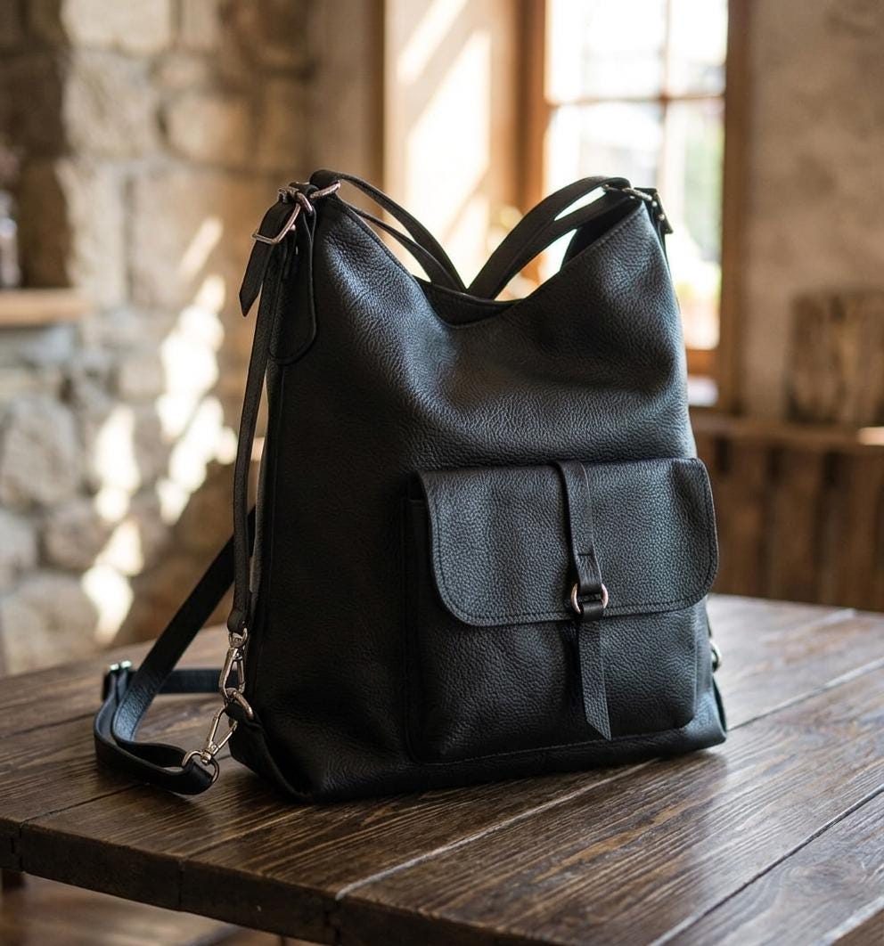 Convertible Black Leather Backpack Purse, Genuine Tote Bag