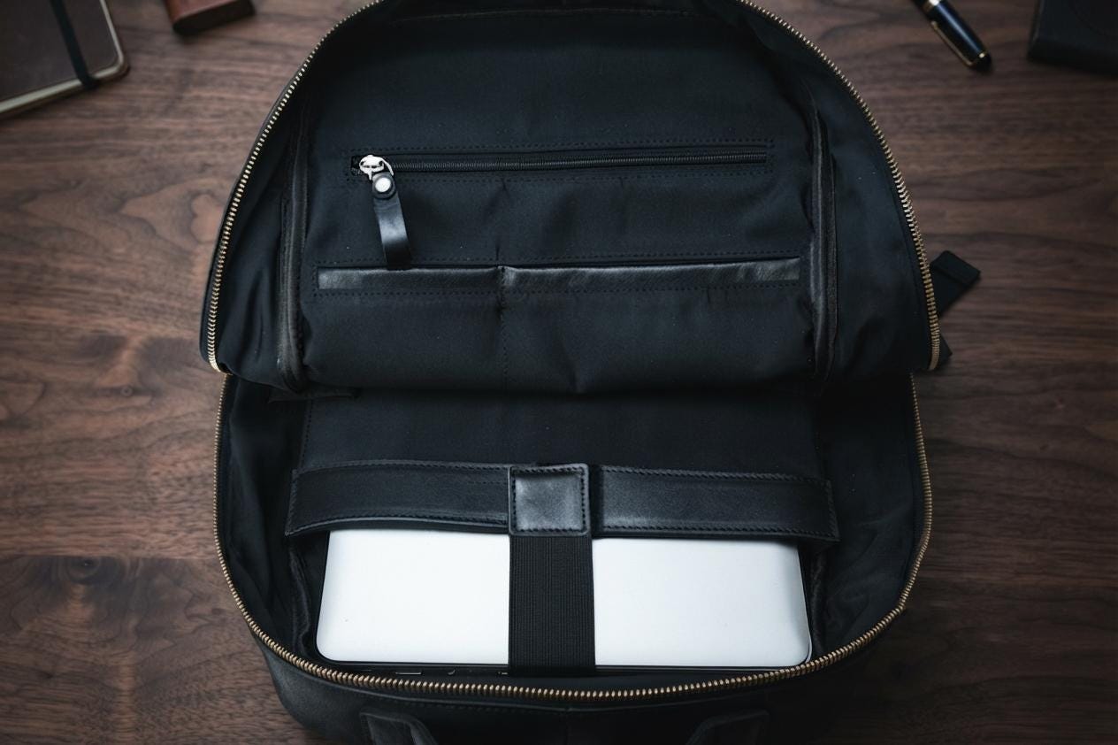 Full Grain Black Leather Backpack, Handmade Laptop Bag, Minimalist Commuter Rucksack