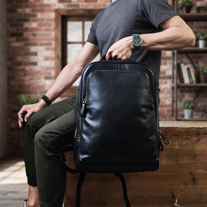 Full Grain Black Leather Backpack, Handmade Laptop Bag, Minimalist Commuter Rucksack