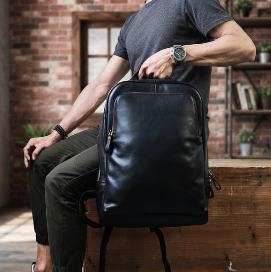 Full Grain Black Leather Backpack, Handmade Laptop Bag, Minimalist Commuter Rucksack