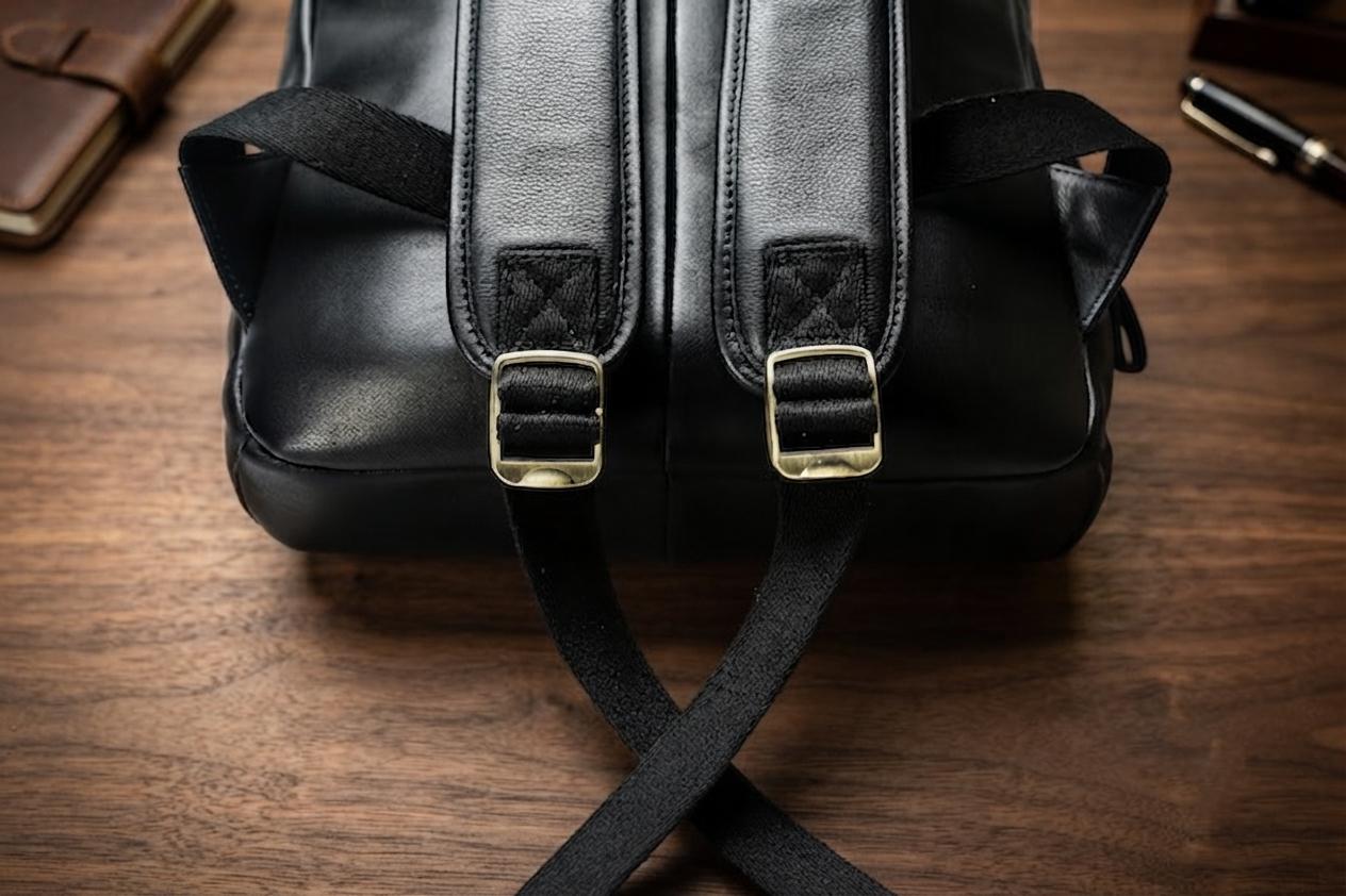 Full Grain Black Leather Backpack, Handmade Laptop Bag, Minimalist Commuter Rucksack