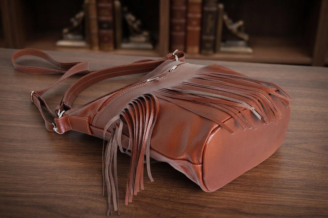 Large Cognac Leather Hobo Bag, Fringe Tassel Crossbody, Handmade Slouchy Tote