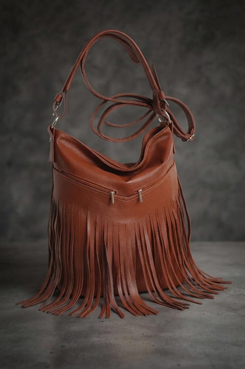 Large Cognac Leather Hobo Bag, Fringe Tassel Crossbody, Handmade Slouchy Tote
