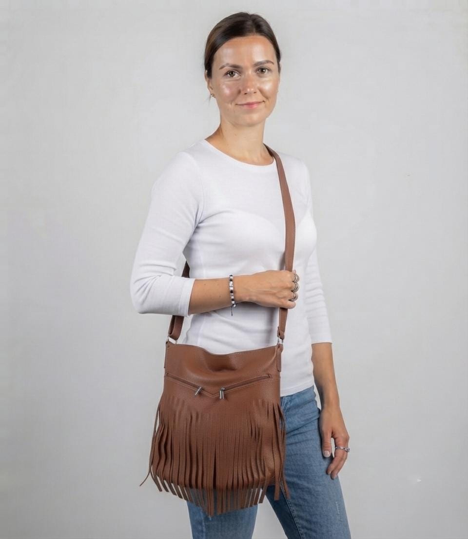 Large Cognac Leather Hobo Bag, Fringe Tassel Crossbody, Handmade Slouchy Tote