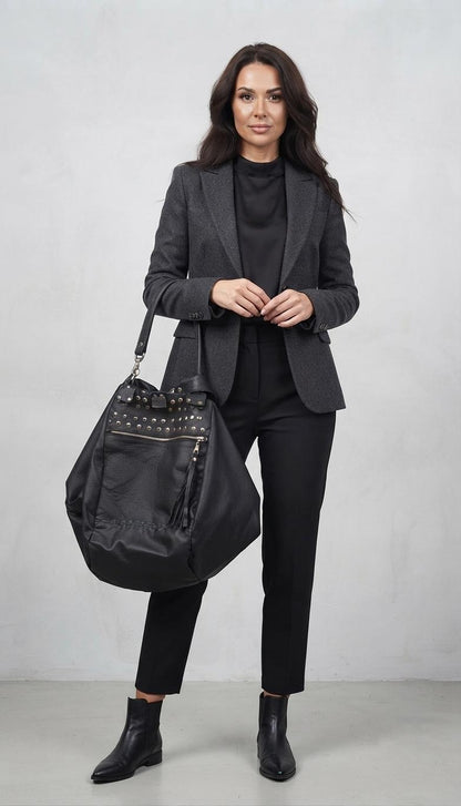 Oversized Black Leather Fringe Tote Bag, Studded Tassel Duffle, Multi-Way Shoulder Handbag