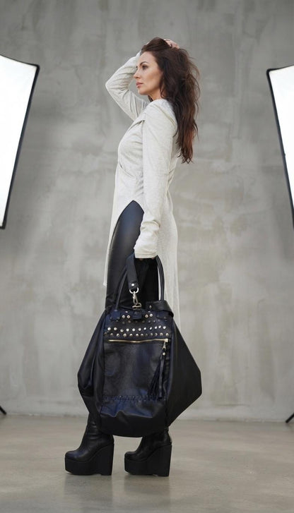 Oversized Black Leather Fringe Tote Bag, Studded Tassel Duffle, Multi-Way Shoulder Handbag
