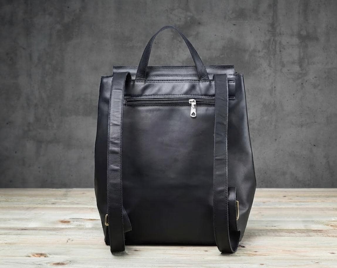 Handmade Full Grain Leather Laptop Backpack – Minimalist Flap Closure Daypack for Travel