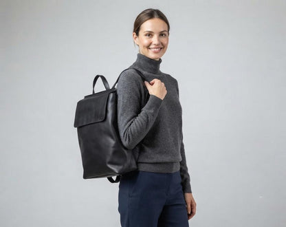 Handmade Full Grain Leather Laptop Backpack – Minimalist Flap Closure Daypack for Travel