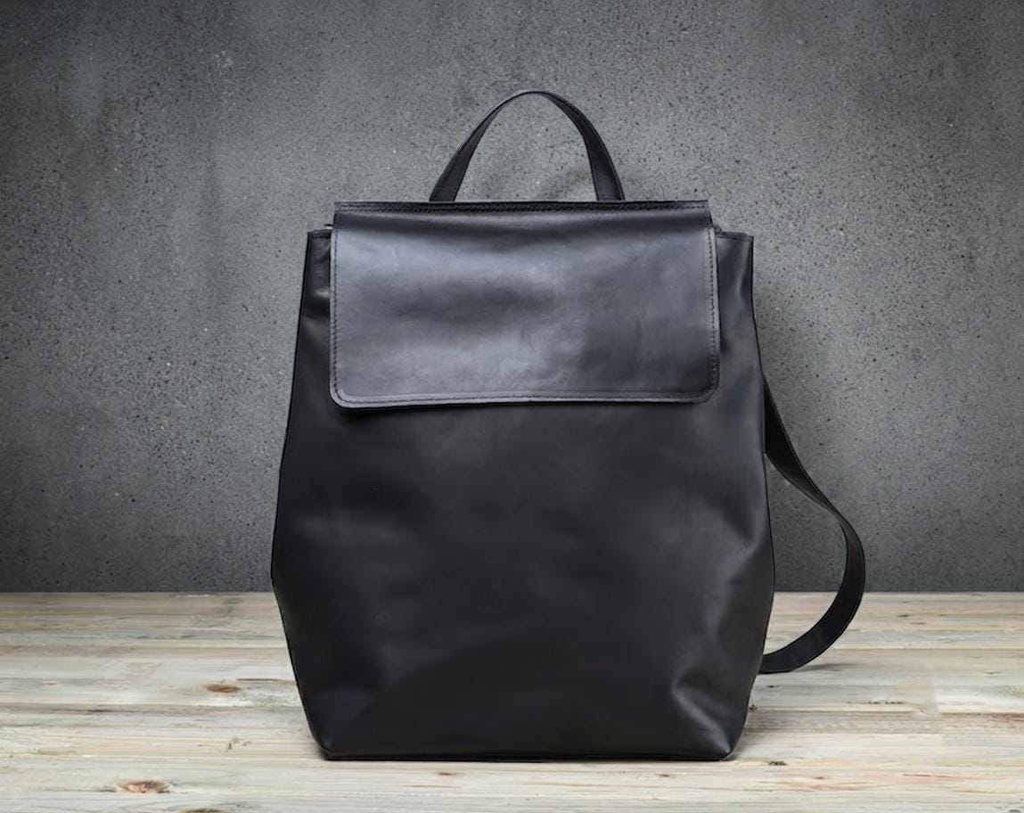 Handmade Full Grain Leather Laptop Backpack – Minimalist Flap Closure Daypack for Travel