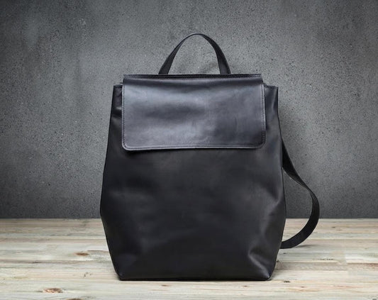 Handmade Full Grain Leather Laptop Backpack – Minimalist Flap Closure Daypack for Travel