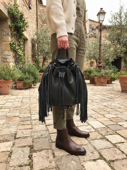 Black Leather Fringe Backpack, Boho Bucket Bag, Women's Laptop Rucksack, Travel Bag