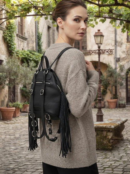 Black Leather Fringe Backpack, Boho Bucket Bag, Women's Laptop Rucksack, Travel Bag