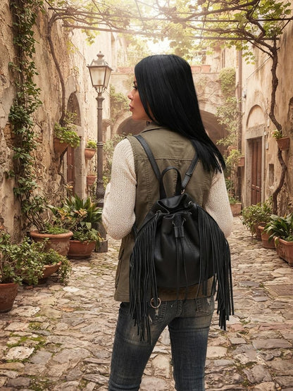 Black Leather Fringe Backpack, Boho Bucket Bag, Women's Laptop Rucksack, Travel Bag
