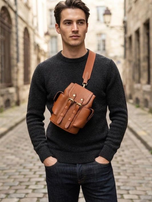Leather Sling Backpack, Mini Travel Daypack, Hands-Free Purse, Compact Everyday Bag