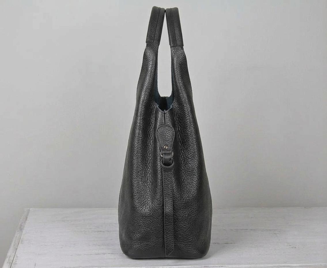 Oversized Black Leather Tote Bag, Genuine Cowhide Shoulder Bag, Work Laptop Purse