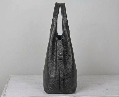 Oversized Black Leather Tote Bag, Genuine Cowhide Shoulder Bag, Work Laptop Purse