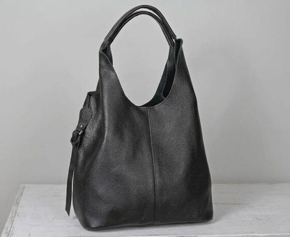 Oversized Black Leather Tote Bag, Genuine Cowhide Shoulder Bag, Work Laptop Purse