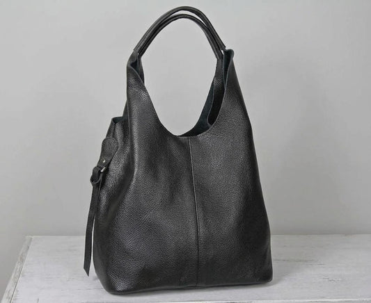 Oversized Black Leather Tote Bag, Genuine Cowhide Shoulder Bag, Work Laptop Purse