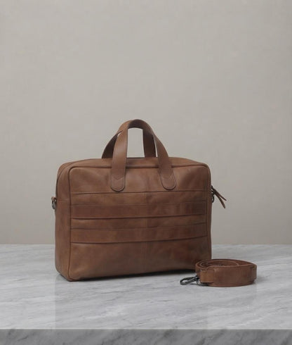 Cognac Brown Full-Grain Leather Briefcase, Men's Professional Laptop Satchel, Handcrafted Work Bag