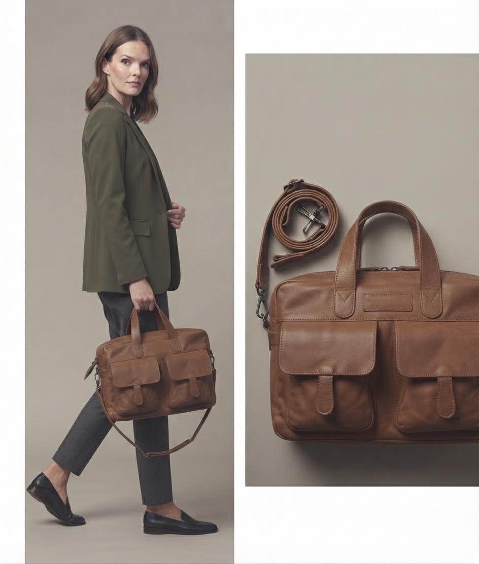 Cognac Brown Full-Grain Leather Briefcase, Men's Professional Laptop Satchel, Handcrafted Work Bag