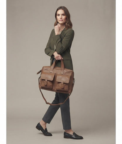 Cognac Brown Full-Grain Leather Briefcase, Men's Professional Laptop Satchel, Handcrafted Work Bag