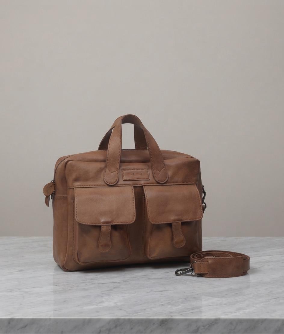 Cognac Brown Full-Grain Leather Briefcase, Men's Professional Laptop Satchel, Handcrafted Work Bag