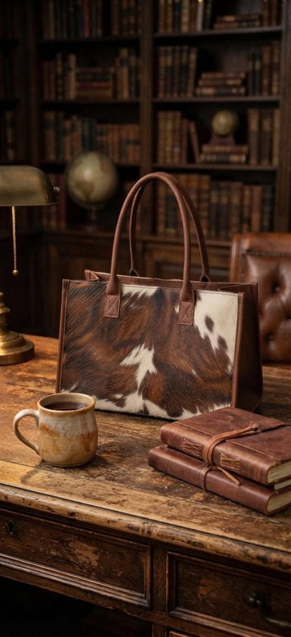 Genuine Hair-on-Hide Leather Tote Bag, Western Cowhide Shoulder Handbag