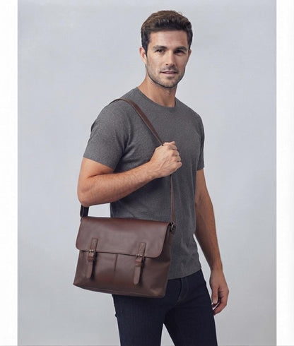 Dark Brown Leather Satchel Messenger Bag, Minimalist Laptop Briefcase, Handmade Crossbody