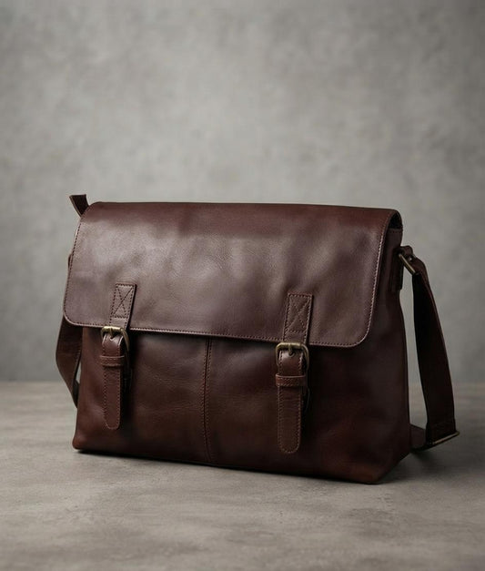 Dark Brown Leather Satchel Messenger Bag, Minimalist Laptop Briefcase, Handmade Crossbody