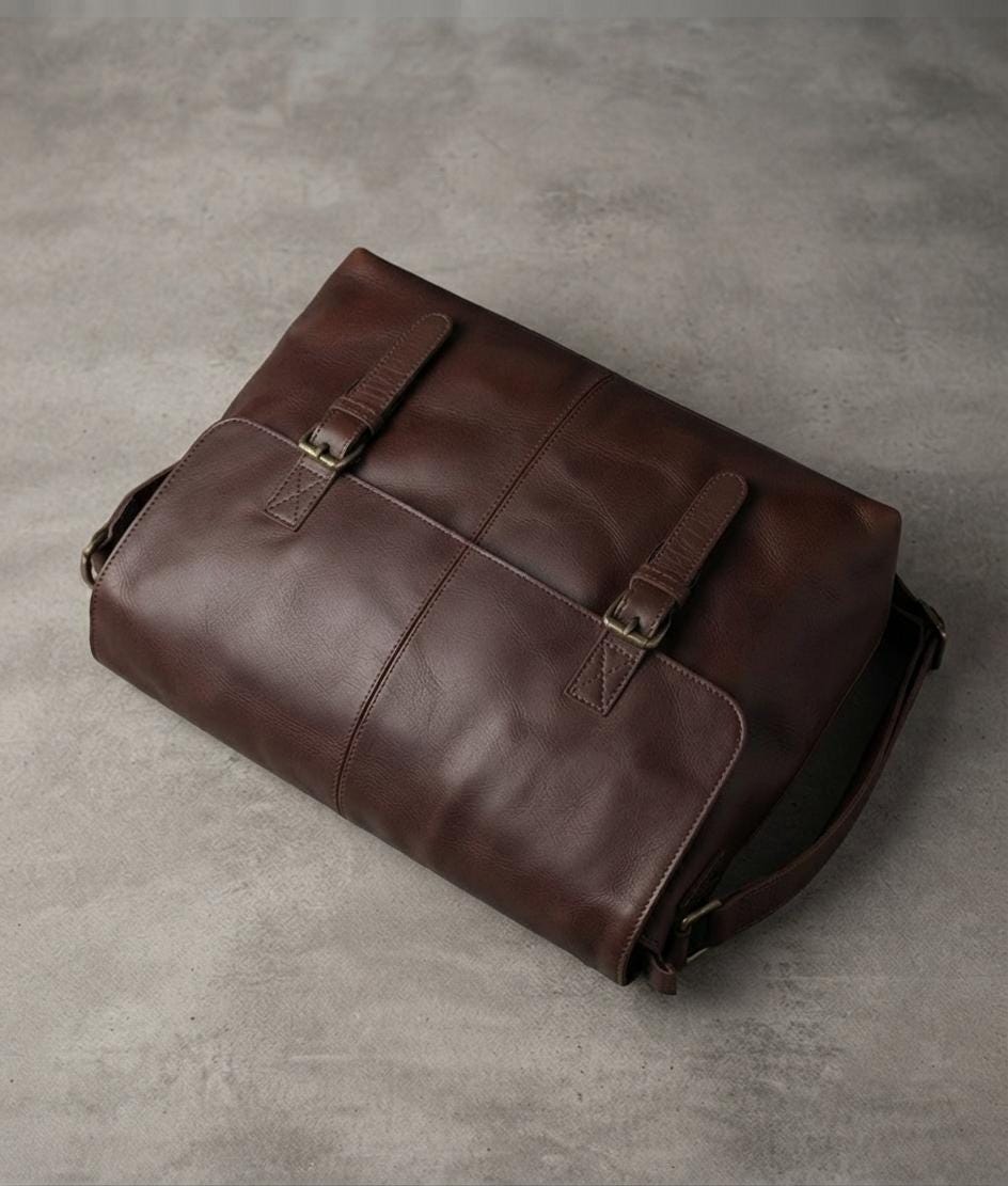Dark Brown Leather Satchel Messenger Bag, Minimalist Laptop Briefcase, Handmade Crossbody
