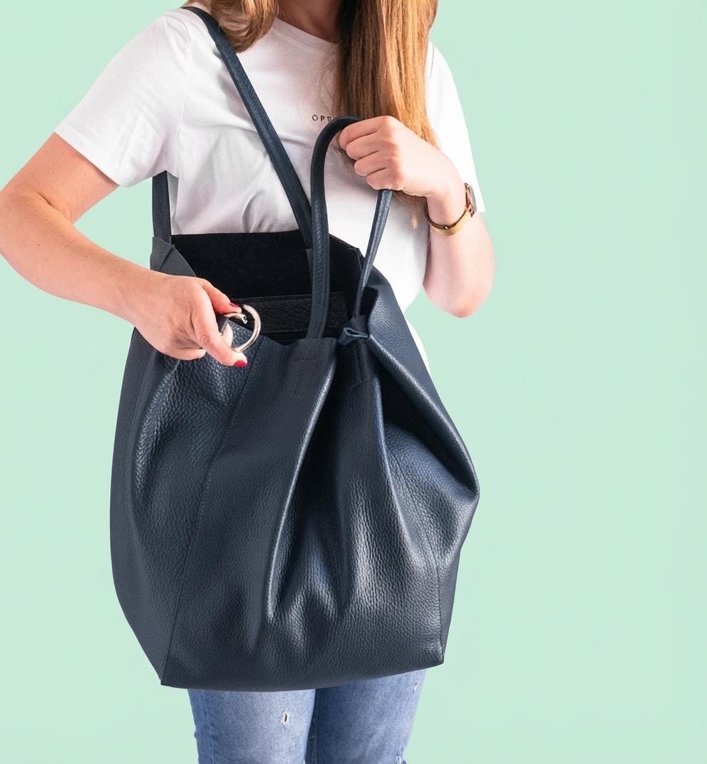 Oversized Navy Leather Tote, Genuine Cattle Shopper, Travel Work Bag, Bonus Cosmetic