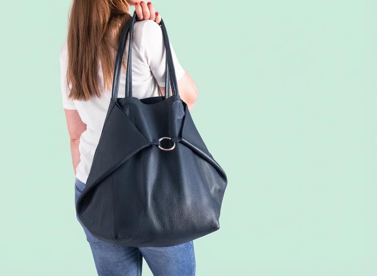 Oversized Navy Leather Tote, Genuine Cattle Shopper, Travel Work Bag, Bonus Cosmetic