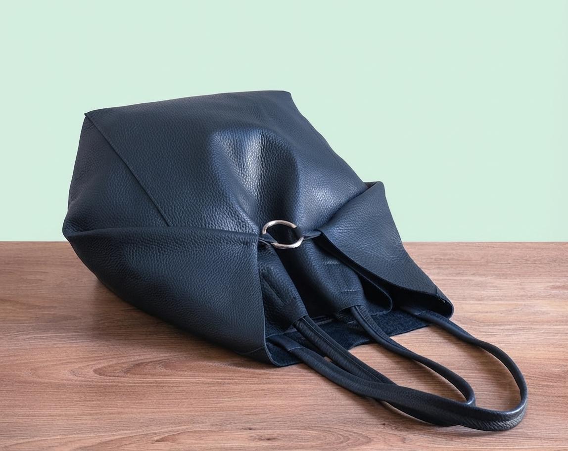 Oversized Navy Leather Tote, Genuine Cattle Shopper, Travel Work Bag, Bonus Cosmetic