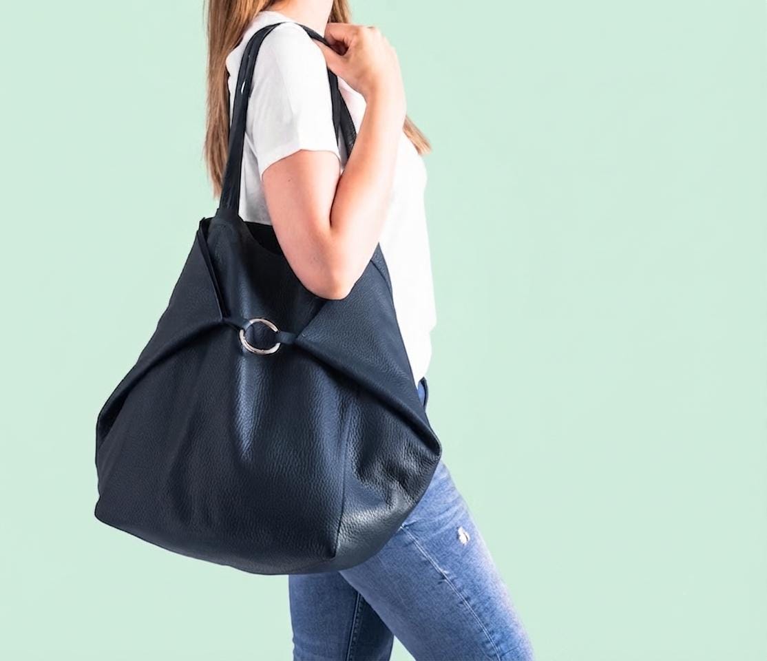 Oversized Navy Leather Tote, Genuine Cattle Shopper, Travel Work Bag, Bonus Cosmetic