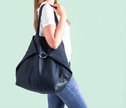 Oversized Navy Leather Tote, Genuine Cattle Shopper, Travel Work Bag, Bonus Cosmetic