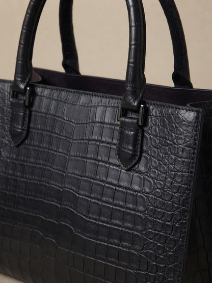 Genuine Leather Croco Pattern Tote Bag, Structured Satchel Handbag for Women