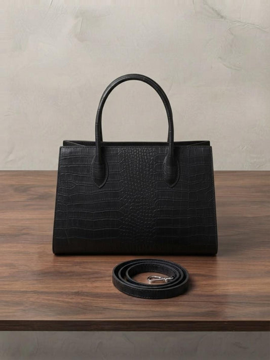Genuine Leather Croco Pattern Tote Bag, Structured Satchel Handbag for Women