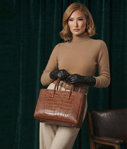 Embossed Italian Leather Tote Bag, Crocodile Texture, Everyday Work Shoulder Handbag