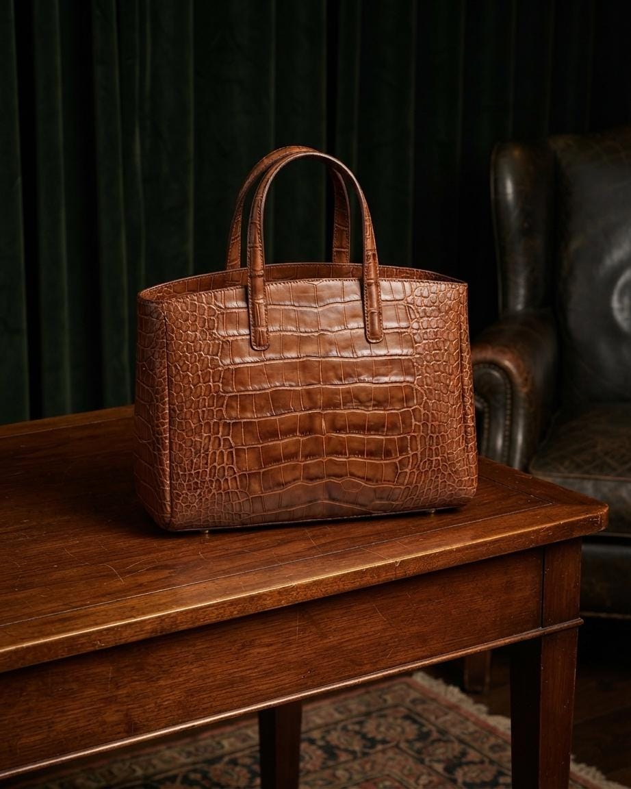 Embossed Italian Leather Tote Bag, Crocodile Texture, Everyday Work Shoulder Handbag