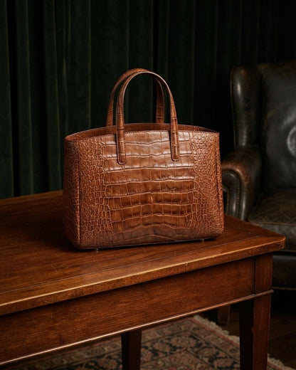 Embossed Italian Leather Tote Bag, Crocodile Texture, Everyday Work Shoulder Handbag