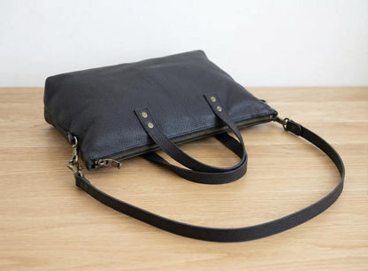 Large Black Full Grain Leather Tote Bag, Oversized Shopper Handbag, Brass Hardware Shoulder Crossbody