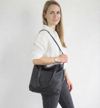 Large Black Full Grain Leather Tote Bag, Oversized Shopper Handbag, Brass Hardware Shoulder Crossbody