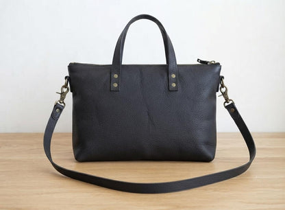 Large Black Full Grain Leather Tote Bag, Oversized Shopper Handbag, Brass Hardware Shoulder Crossbody
