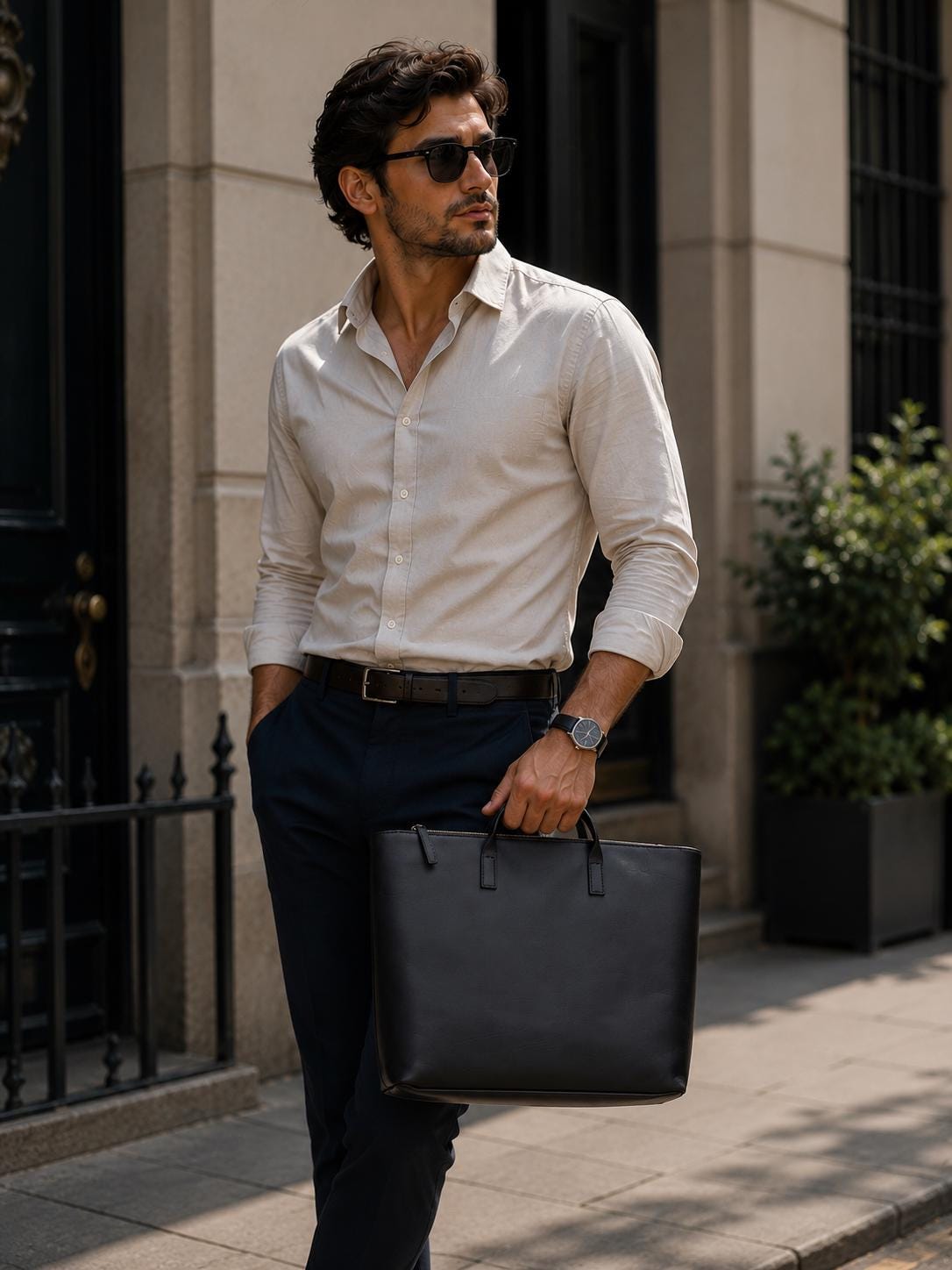 Black Leather Tote Bag, Men's Laptop Work Shoulder Bag, Professional Briefcase