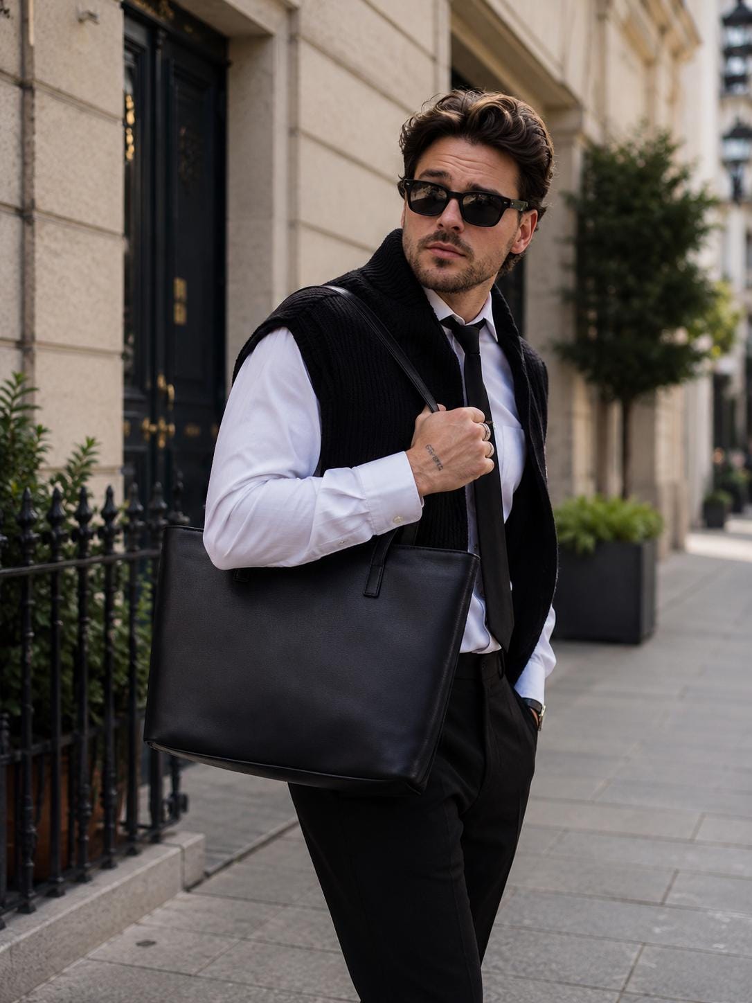 Black Leather Tote Bag, Men's Laptop Work Shoulder Bag, Professional Briefcase