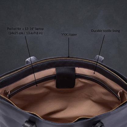 Black Leather Tote Bag, Men's Laptop Work Shoulder Bag, Professional Briefcase