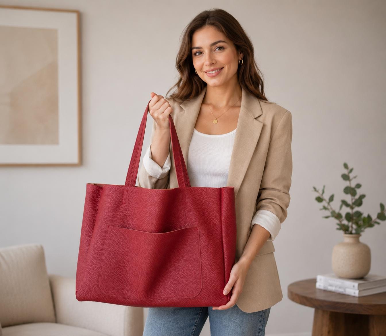 Oversized Red Leather Tote Bag, Large Everyday Office Shoulder Handbag, Handmade in Poland